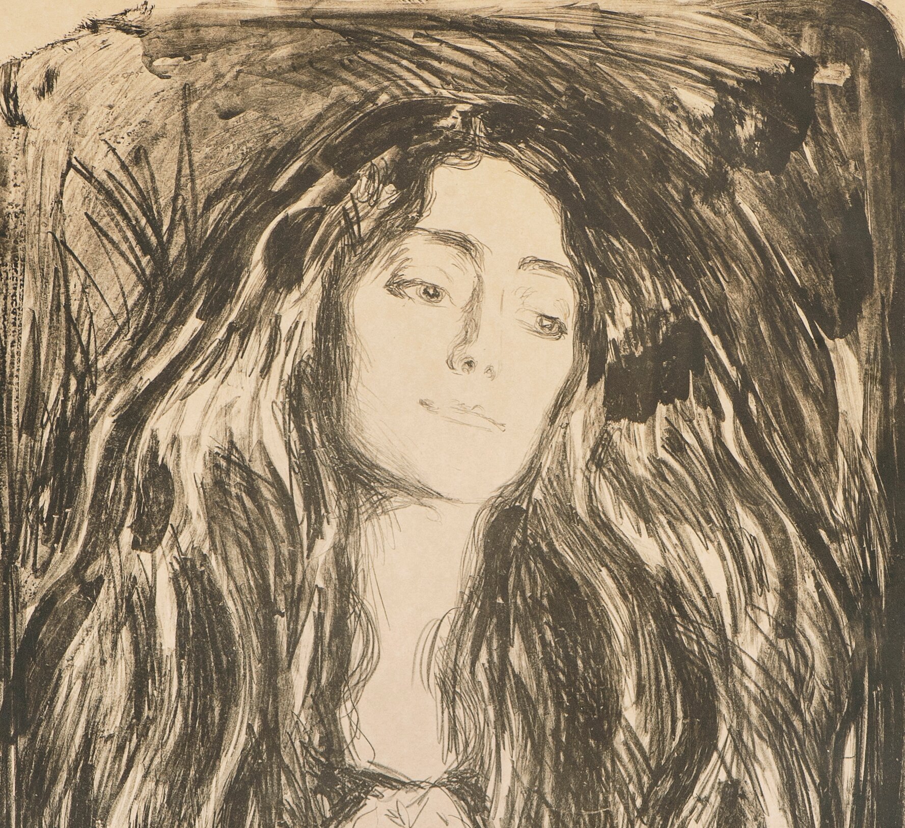 Edvard Munch, Brosjen. Eva Mudocci. 1903. Woll 244 I 1). Solgt for kr. 2.200.000,- på Munch-auksjonen 2019. (utsnitt av foto).